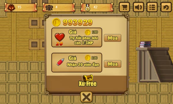 Mua hồi phục HP và đạn nếu có đủ xu vàng
