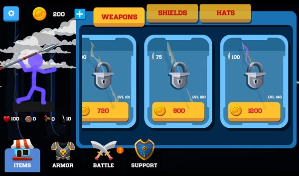 Các món vũ khí, khiên và mũ sắt trong Shop cửa hàng