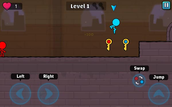 Điều khiển 2 nhân vật người que đi tìm chìa khóa cùng màu