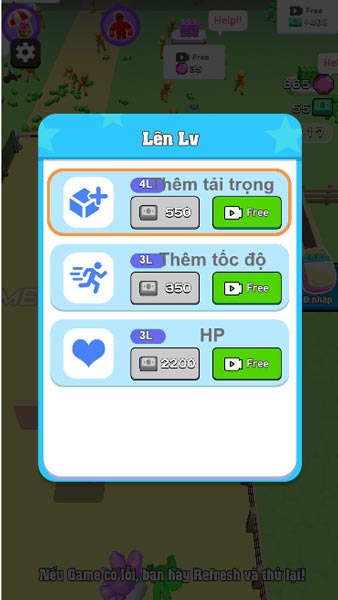 Nâng cấp chỉ số cho nhân vật