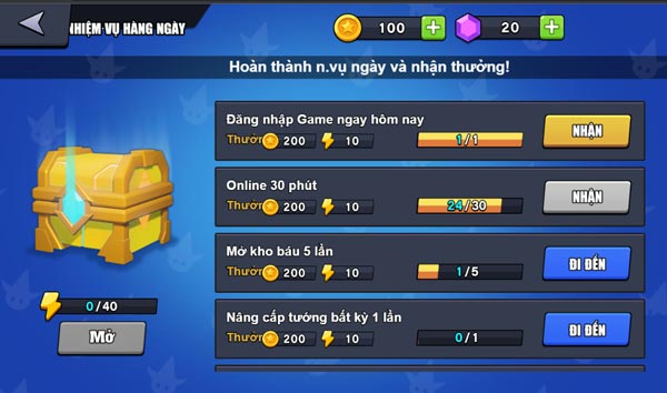 Nhận thưởng từ hoạt động nhiệm vụ hàng ngày