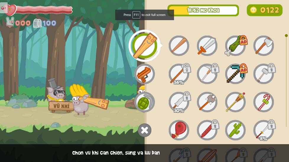 Đa dạng các loại vũ khí, súng và lựa đạn.