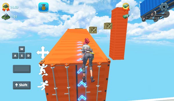 Điều khiển nhân vật di chuyển và nhảy lên những chiếc container, xe ô tô, thùng gỗ...