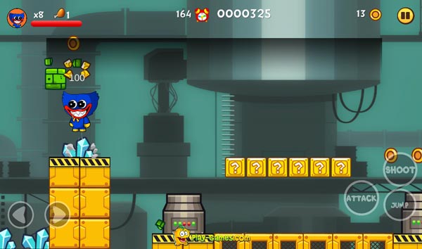 Nhảy lên và phá vỡ các ô gạch bí ẩn, nhận nhiều vật phẩm như đùi gà, dưa hấu, tiền xu