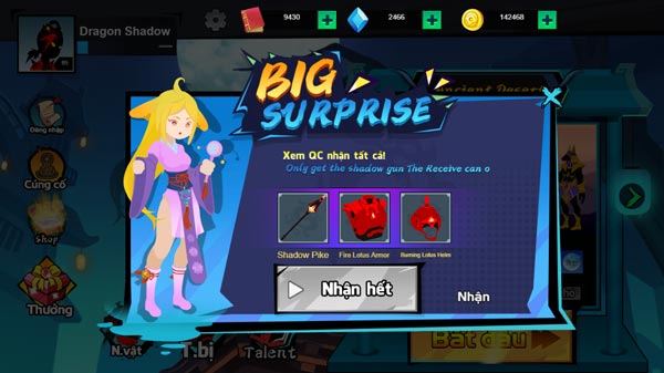 Xem video QC để nhận nhiều trang bị