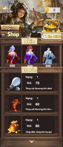 Nhiều mẫu Skin nhân vật và vật phẩm tăng sức mạnh trong Shop cửa hàng