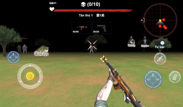 Điều khiển nhân vật tay súng di chuyển và bắn hạ lũ Zombie xác sống thây ma