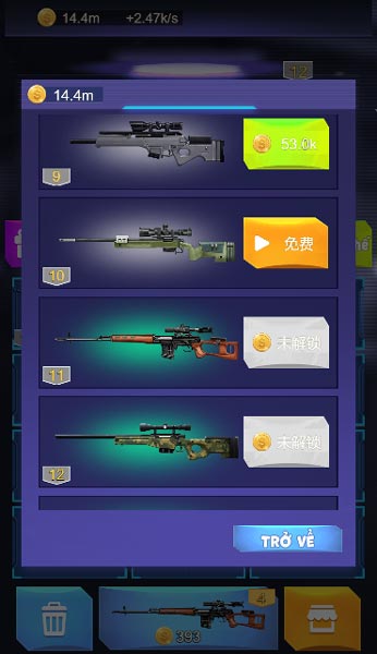 Mua các loại súng bằng tiền xu nhận được khi tham gia thử thách hoặc Idle Afk