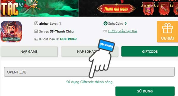 Sử dụng giftcode thành công