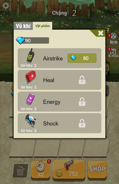 Mua thêm vũ khí hoặc vật phẩm hỗ trợ trong Shop cửa hàng