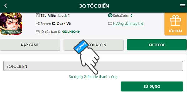 Sử dụng giftcode thành công