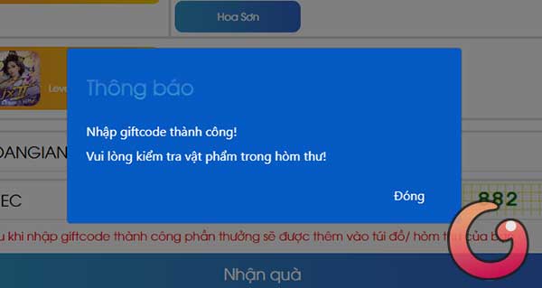 Nhập giftcode thành công