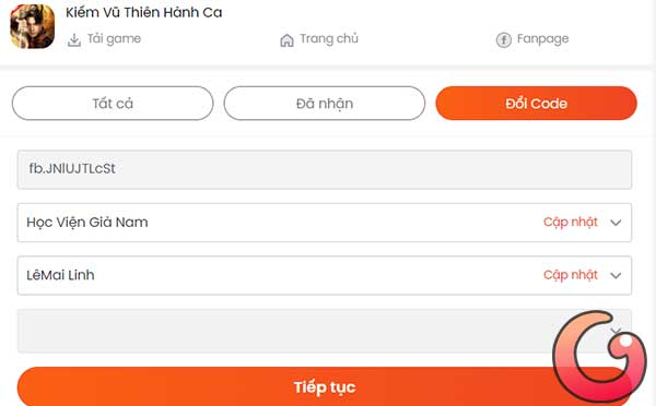 Chọn nhân vật và server đổi code