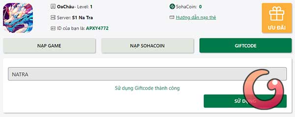 Sử dụng giftcode thành công