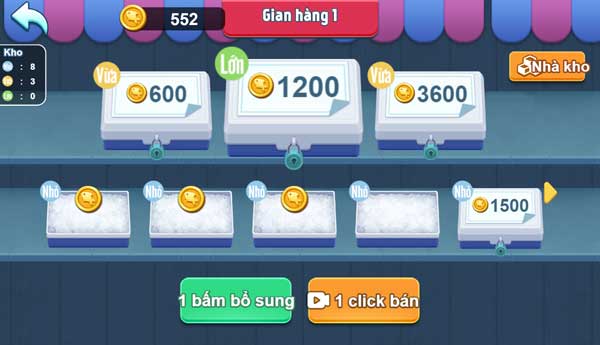 Các quầy hàng để trưng bày và bán hải sản đánh bắt được