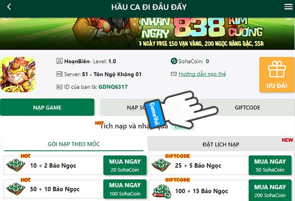 Chọn mục Giftcode