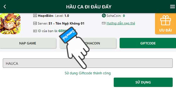 Sử dụng Giftcode thành công