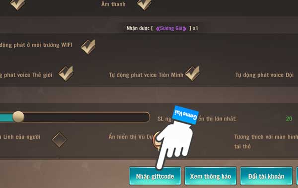 Chọn nhập Giftcode