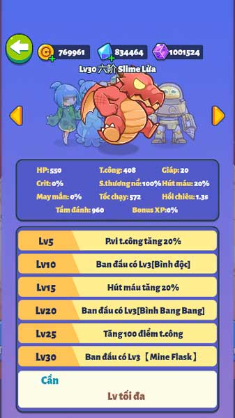 Cấp độ Slime tiến hóa tối đa thành các tinh linh mạnh mẽ