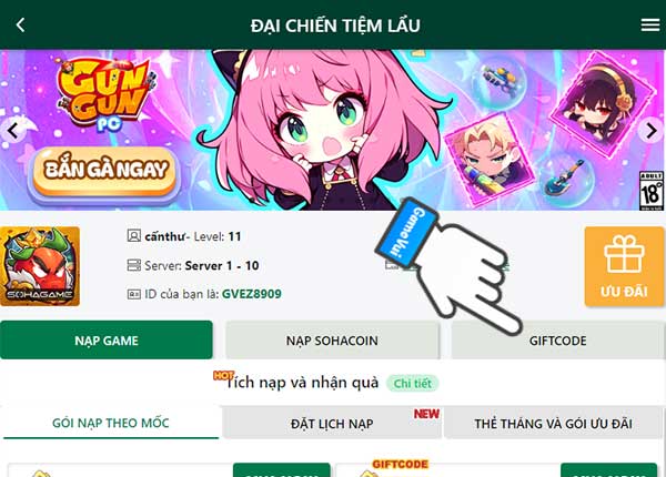 Chọn mục Giftcode