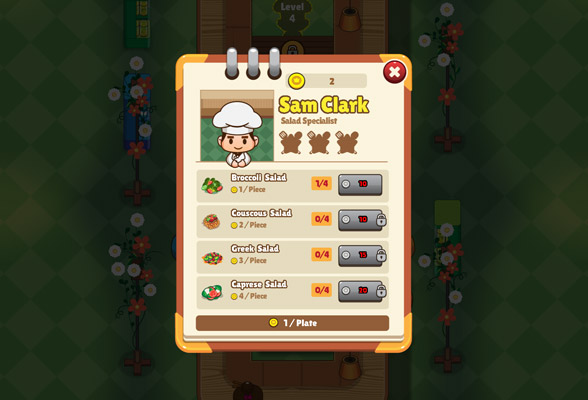 Nâng cấp chỉ số của đầu bếp, sẽ giúp họ chế biến được các món ngon và hấp dẫn hơn.