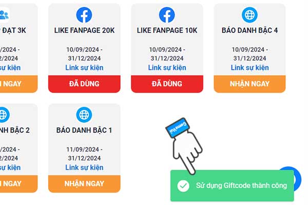Sử dụng giftcode thành công