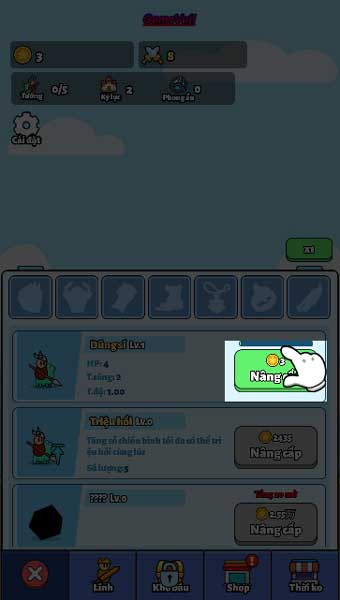 Nâng cấp để tăng chỉ số lính, Hero