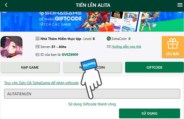 Sử dụng giftcode thành công