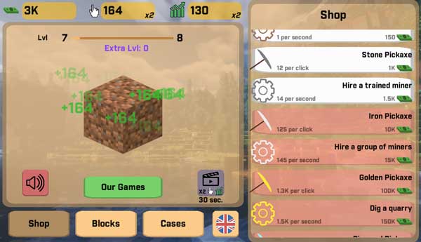 Bấm chuột, click liên tục để nâng cao sức mạnh khai thác Minecraft