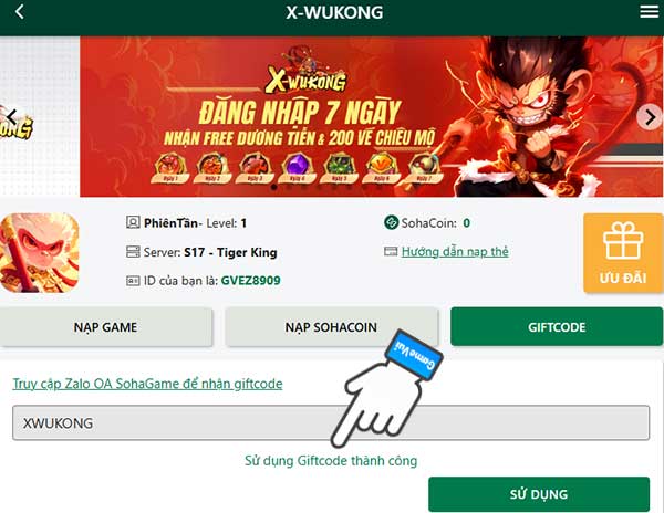 Sử dụng giftcode thành công