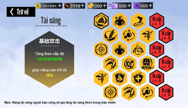 Nâng cấp tài năng để tăng chỉ số sức mạnh