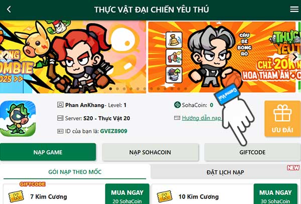 Chọn mục Giftcode