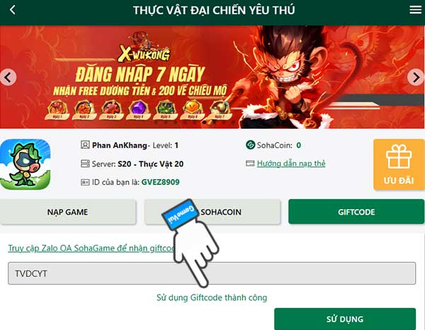 Sử dụng giftcode thành công