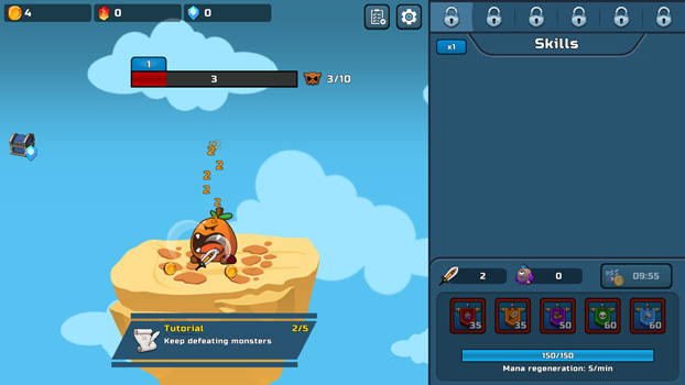 Đánh bại các loại quái vật khác nhau trên cuộc phiêu lưu.