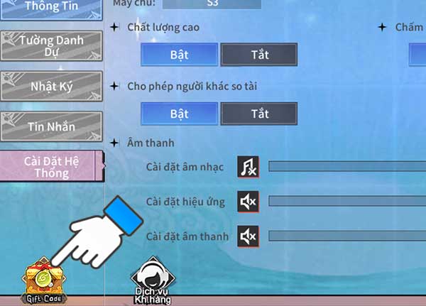 Chọn mục Gift Code