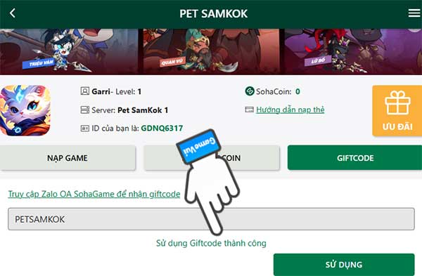 Sử dụng giftcode thành công