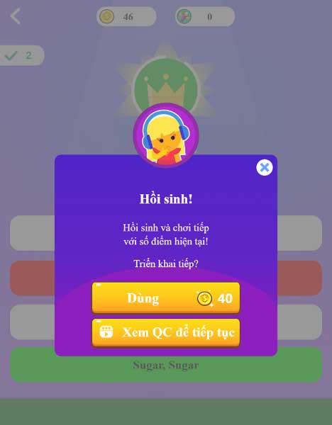 Xem video QC hoặc dùng xu vàng để tiếp tục thử thách