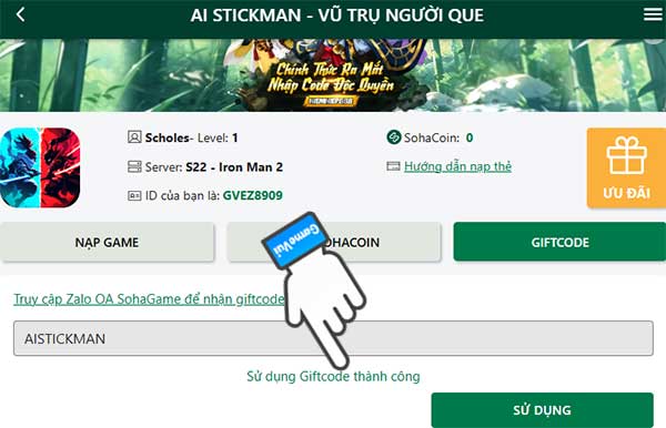 Sử dụng giftcode thành công