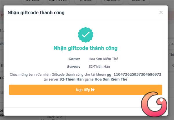 Nhận giftcode thành công