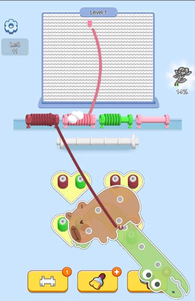 Khi ddur3 đoạn len trên cuộn len sẽ được giải phóng và thêu vào bức tranh