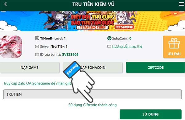 Sử dụng giftcode thành công