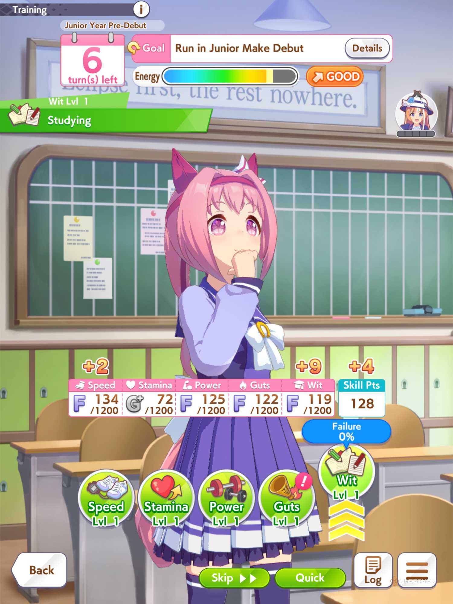 Haru Urara during her career studying with the Wit skill in Umamusume- Pretty Derby.