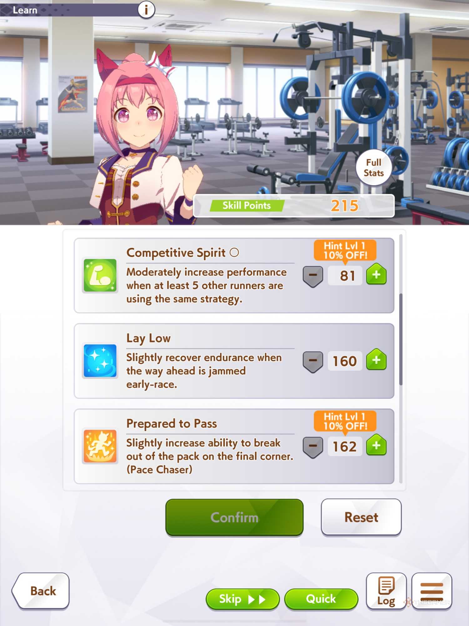 Haru Urara Skills page showing the points she can spend and the skills she can purchase in Umamusume- Pretty Derby.