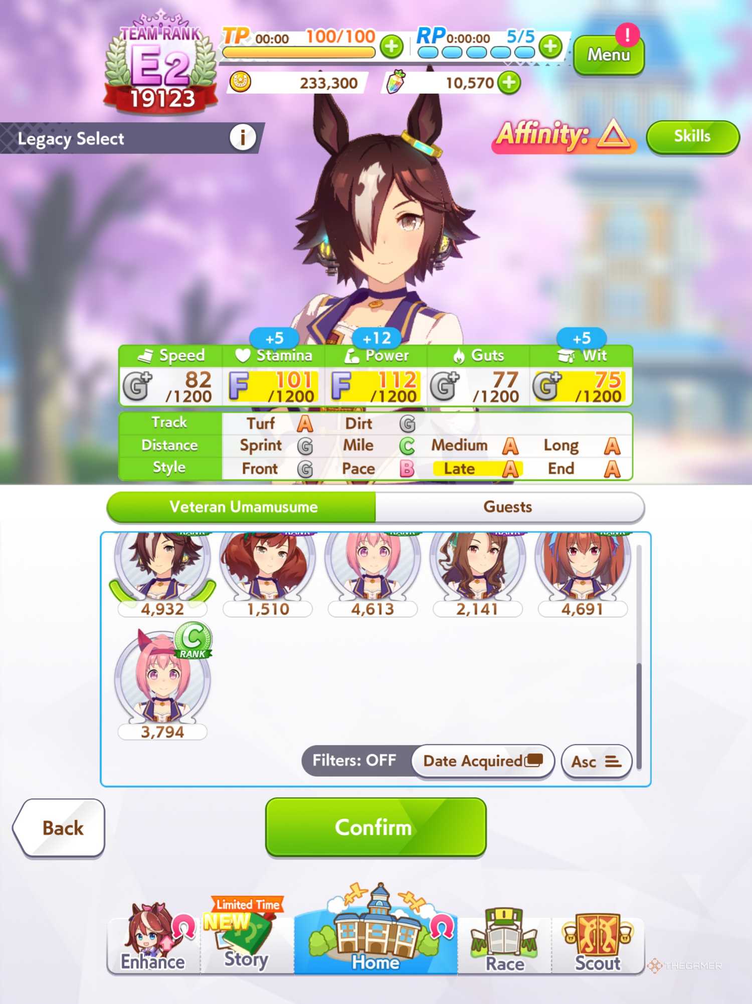 The stats page of the racer Vodka in Umamusume- Pretty Derby.