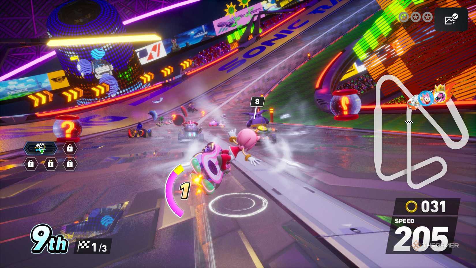 Amy đua trên ván bay trong Sonic Racing: CrossWorlds.