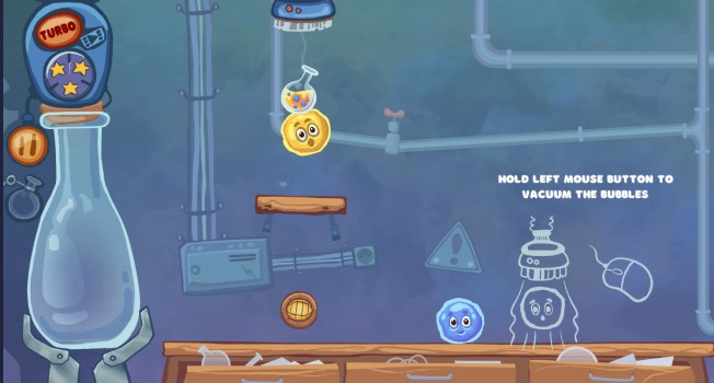 Điều khiển máy hút, hút các bong bóng vào lọ để vượt qua màn chơi.