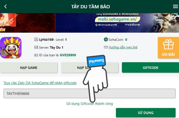 Sử dụng giftcode thành công