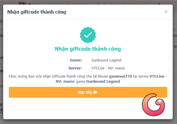 Nhận giftcode thành công