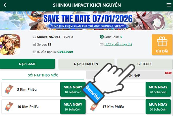 Chọn mục Giftcode