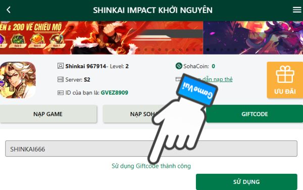 Sử dụng giftcode thành công